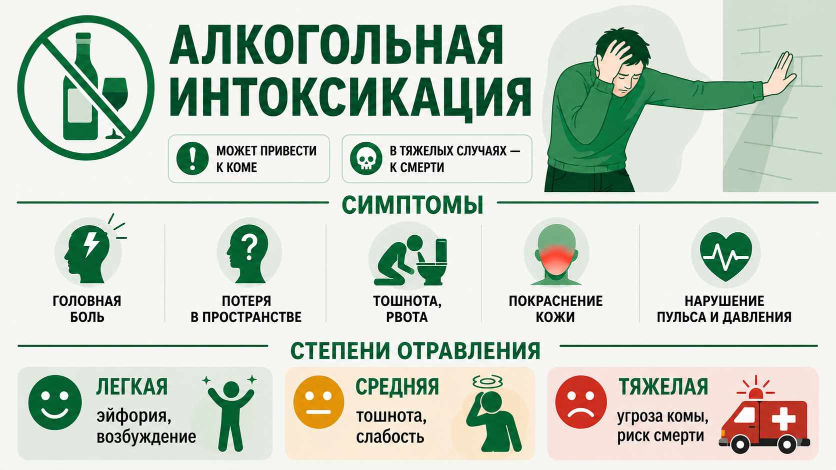 Инфографика об алкогольной интоксикации с основными симптомами: головная боль, потеря ориентации, тошнота, покраснение кожи, нарушение пульса и давления, а также степенями отравления — легкой, средней и тяжелой.